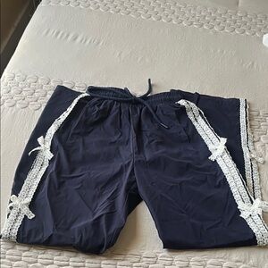 Navy Blue Lace-Trimmed Women's Straight Leg Pants